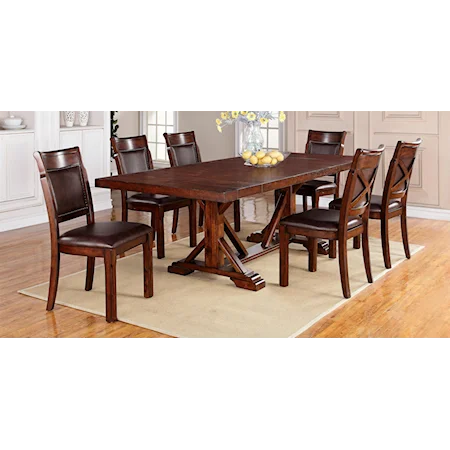 7-Piece Dining Table Set with Trestle Table & Upholstered Side Chairs